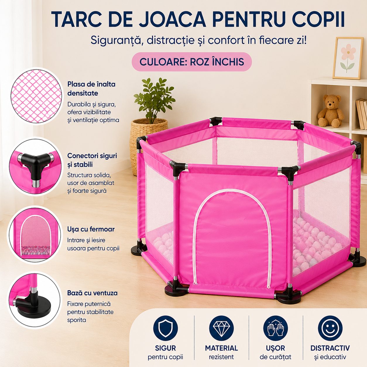 Tarc de Joaca si Siguranta pentru Copii DNT-104, Dimensiuni 130 x 115 x 65 cm, Structura de Protectie pentru Interior, Fucsia
