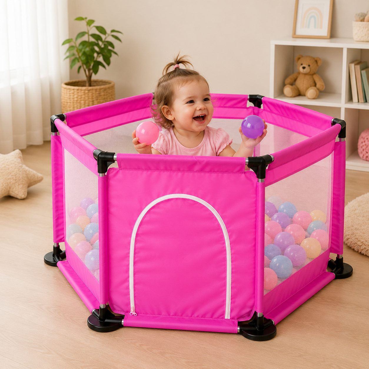 Tarc de Joaca si Siguranta pentru Copii DNT-104, Dimensiuni 130 x 115 x 65 cm, Structura de Protectie pentru Interior, Fucsia