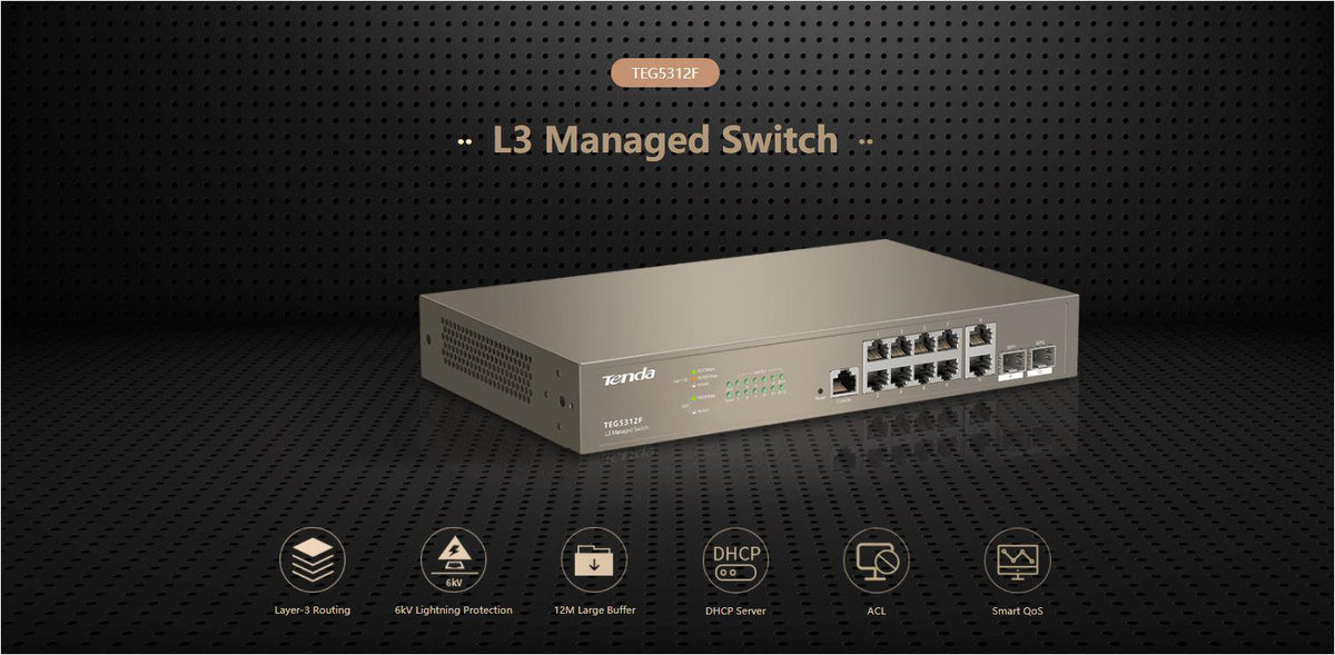 SWITCH Tenda managed layer 3, 10 porturi 10/100/1000 Ethernet Base-T, 2 porturi 1000 SFP Base-X, metalic 