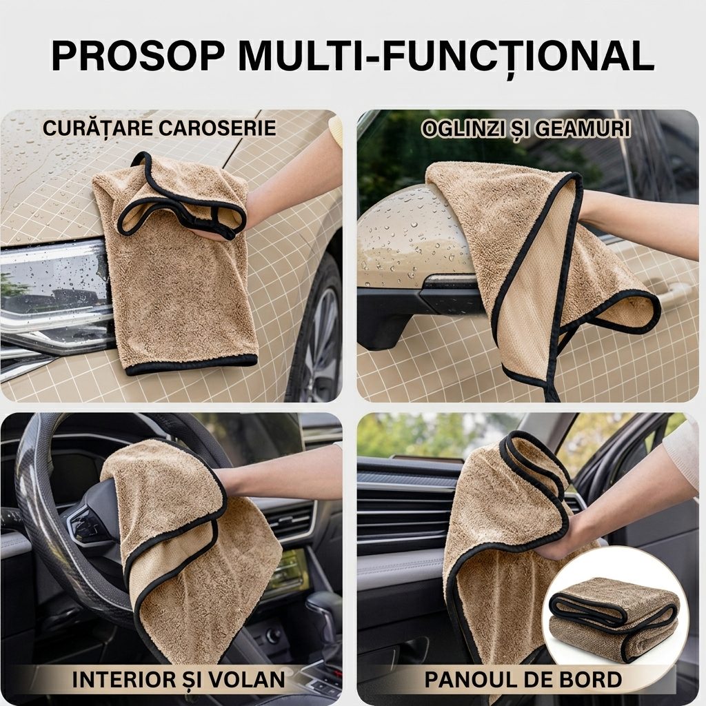 Prosop Uscare Auto, 600 GSM, Microfibra Premium, Ultra Absorbant, Fara Urme, 90x70 cm, Bej