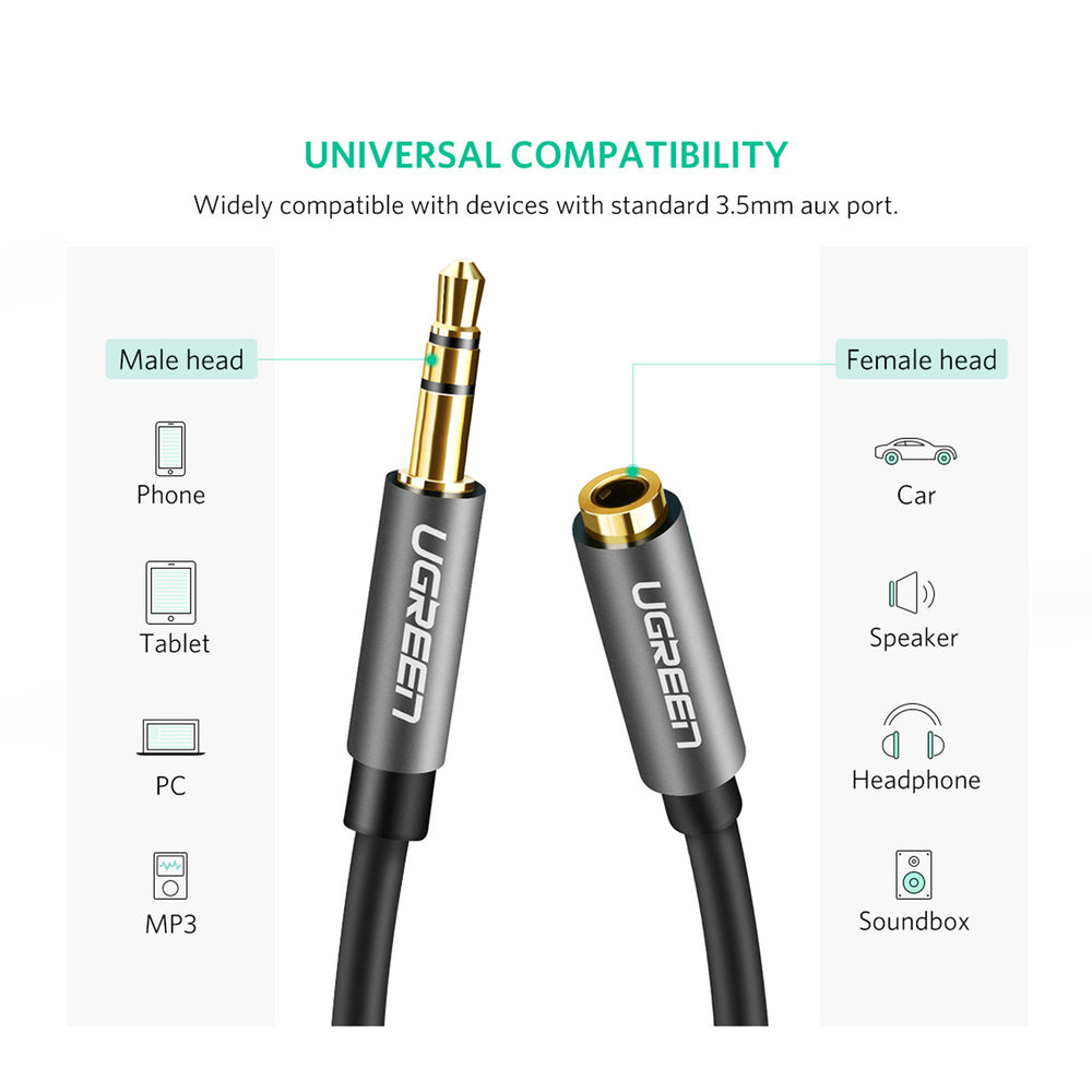 CABLU audio Ugreen, "AV118" stereo 3.5 mm jack (T) la 3.5 mm jack (M), 5m, conectori auriti, negru "10538" - 6957303815388