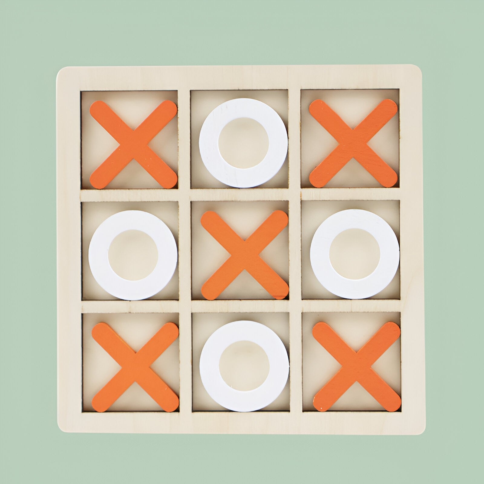 Jucarie Montessori Tic Tac Toe, Educativa, Interactiva, din lemn, X si O, 9 Piese, 14.3x14.3 cm, Portocaliu Alb