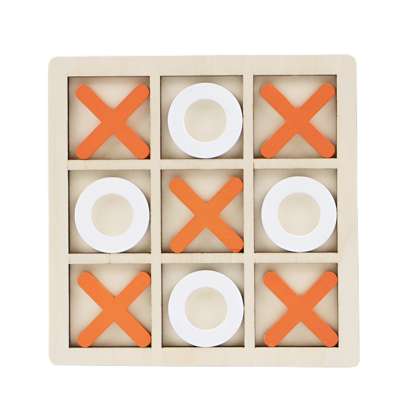 Jucarie Montessori Tic Tac Toe, Educativa, Interactiva, din lemn, X si O, 9 Piese, 14.3x14.3 cm, Portocaliu Alb