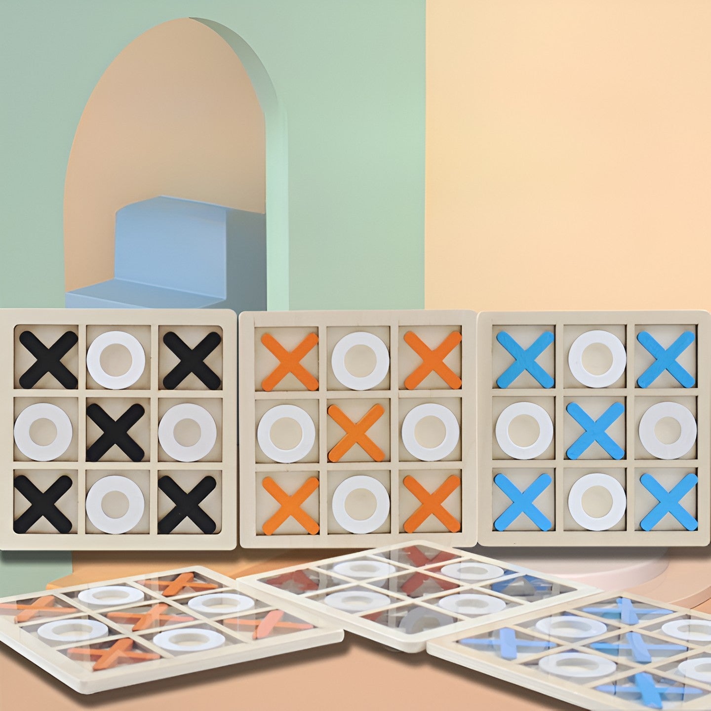 Jucarie Montessori Tic Tac Toe, Educativa, Interactiva, din lemn, X si O, 9 Piese, 14.3x14.3 cm, Portocaliu Alb