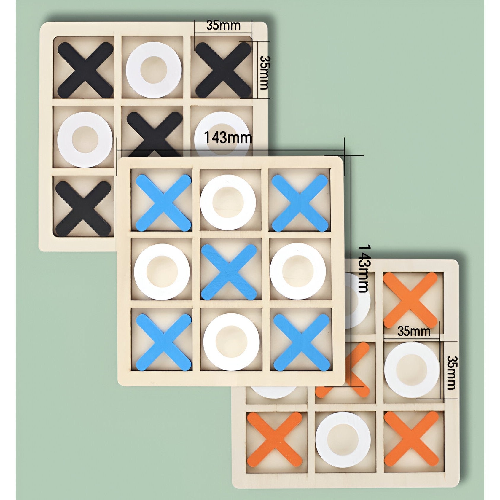 Jucarie Montessori Tic Tac Toe, Educativa, Interactiva, din lemn, X si O, 9 Piese, 14.3x14.3 cm, Portocaliu Alb