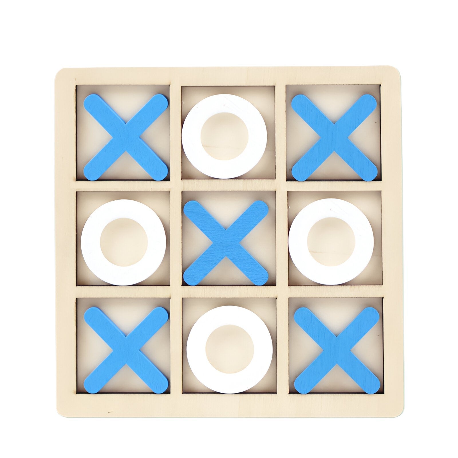 Jucarie Montessori Tic Tac Toe, Educativa, Interactiva, din lemn, X si O, 9 Piese, 14.3x14.3 cm, Albastru Alb