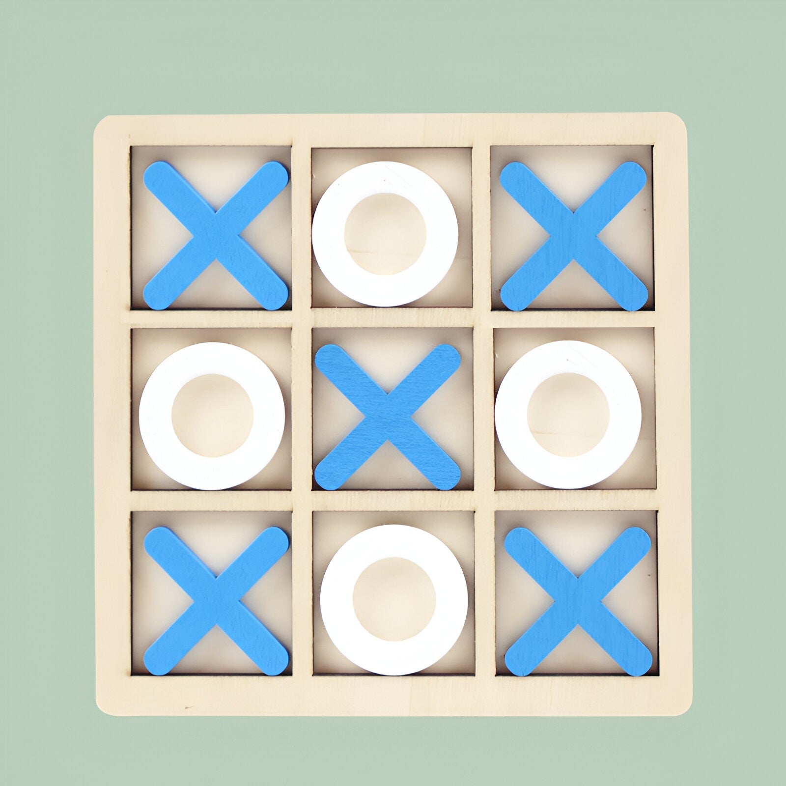 Jucarie Montessori Tic Tac Toe, Educativa, Interactiva, din lemn, X si O, 9 Piese, 14.3x14.3 cm, Albastru Alb