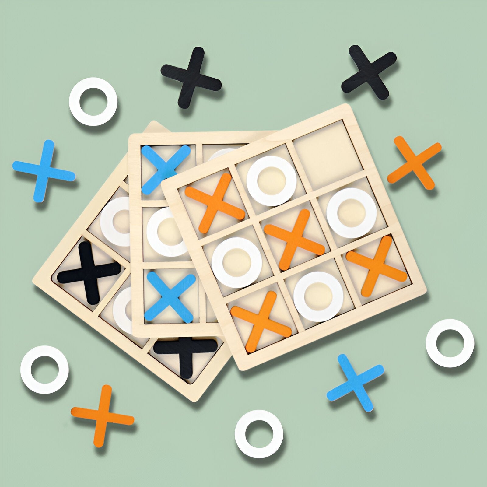 Jucarie Montessori Tic Tac Toe, Educativa, Interactiva, din lemn, X si O, 9 Piese, 14.3x14.3 cm, Albastru Alb