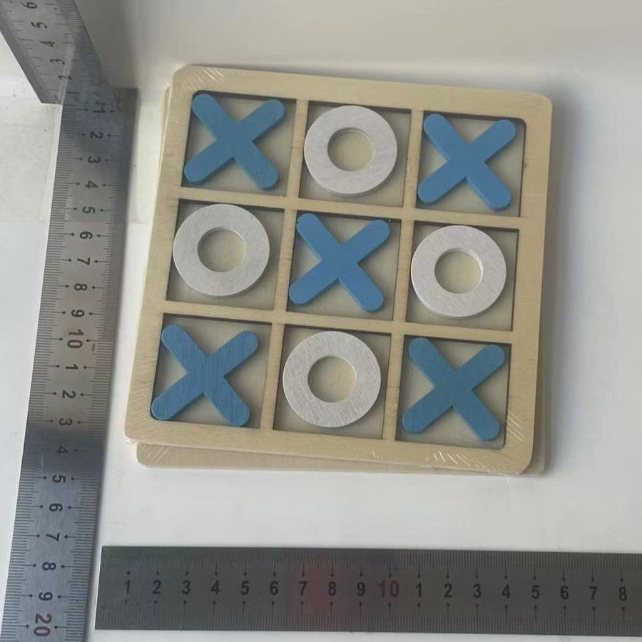 Jucarie Montessori Tic Tac Toe, Educativa, Interactiva, din lemn, X si O, 9 Piese, 14.3x14.3 cm, Albastru Alb