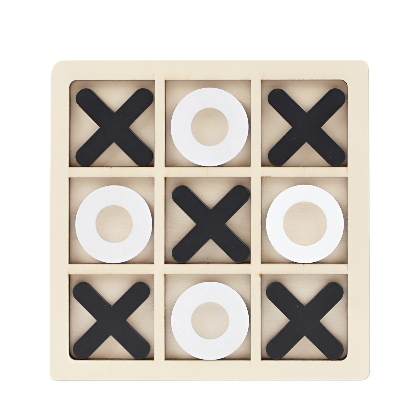 Jucarie Montessori Tic Tac Toe, Educativa, Interactiva, din lemn, X si O, 9 Piese, 14.3x14.3 cm, Negru Alb