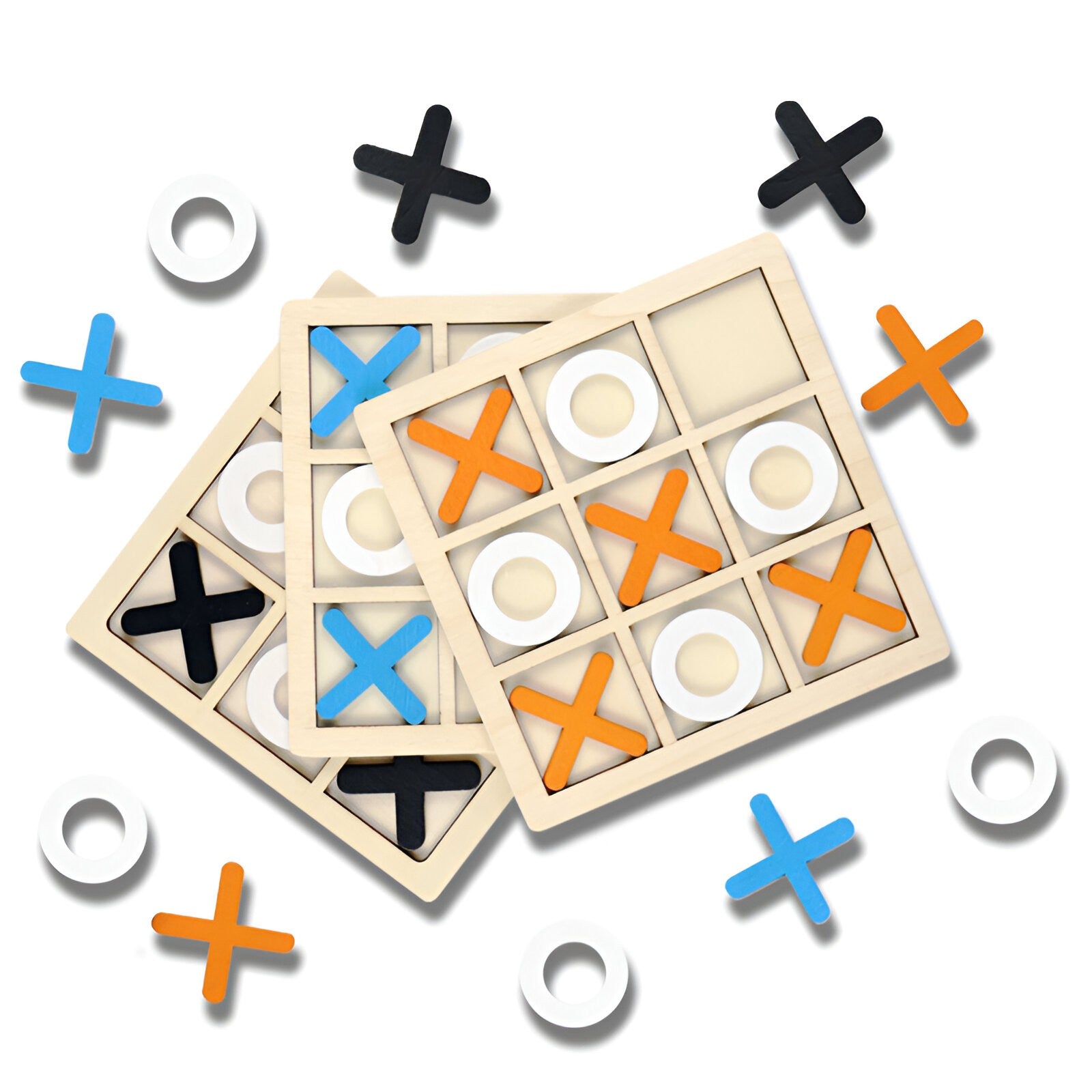 Jucarie Montessori Tic Tac Toe, Educativa, Interactiva, din lemn, X si O, 9 Piese, 14.3x14.3 cm, Negru Alb