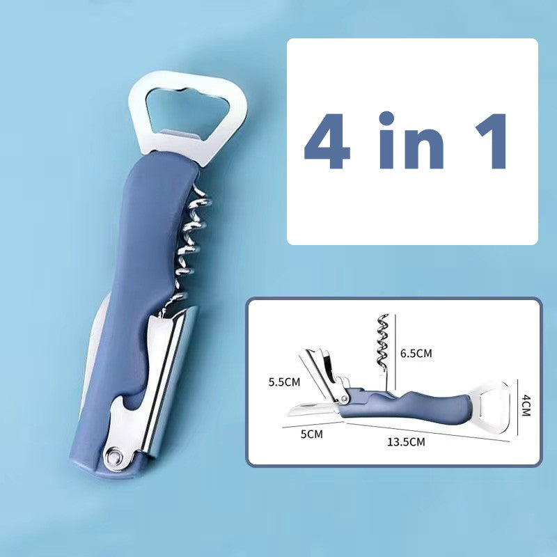 Tirbuson de Sticle 4 in 1, Desfacator de Sticle Multifunctional, din Inox cu Maner Anti Alunecare, 13.5 x 4 cm Albastru