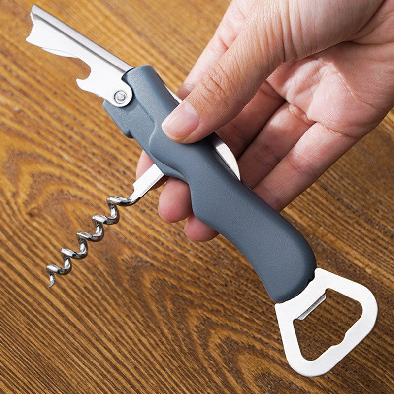 Tirbuson de Sticle 4 in 1, Flippy, Desfacator de Sticle Multifunctional, din Inox cu Maner Anti Alunecare, 13.5 x 4 cm Albastru