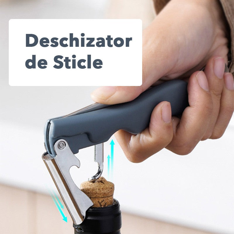 Tirbuson de Sticle 4 in 1, Desfacator de Sticle Multifunctional, din Inox cu Maner Anti Alunecare, 13.5 x 4 cm Albastru