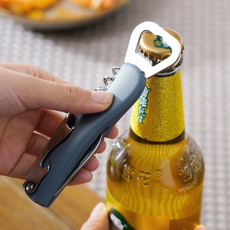 Tirbuson de Sticle 4 in 1, Flippy, Desfacator de Sticle Multifunctional, din Inox cu Maner Anti Alunecare, 13.5 x 4 cm Albastru
