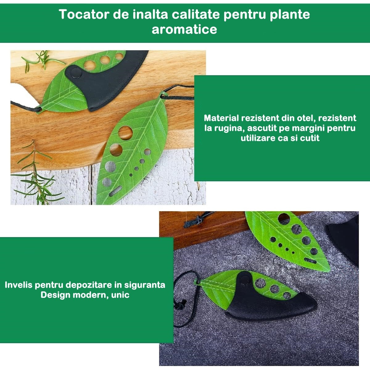 Tocator manual pentru ierburi instrument de curatat frunze, tocator, margini ascutie, 9 gauri de diferite dimensiuni, multifunctional, material otel inoxidabil, rezistent la rugina, 14 x 5.5 cm, verde