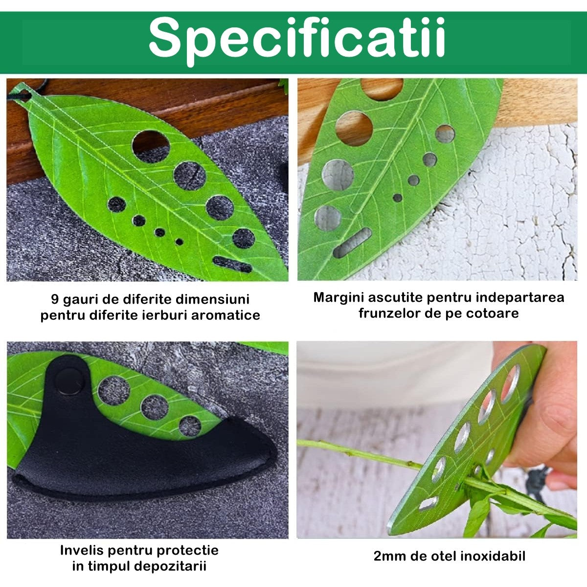 Tocator manual pentru ierburi instrument de curatat frunze, tocator, margini ascutie, 9 gauri de diferite dimensiuni, multifunctional, material otel inoxidabil, rezistent la rugina, 14 x 5.5 cm, verde