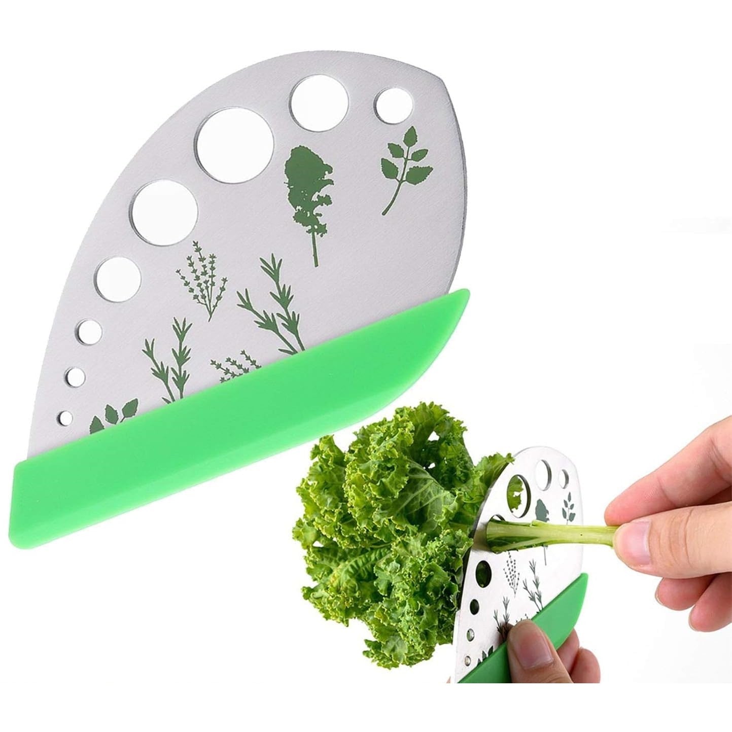 Tocator manual pentru ierburi instrument de curatat frunze, margini ascutie, 9 gauri de diferite dimensiuni, multifunctional, material otel inoxidabil, maner ergonomic, rezistent la rugina, 12.3 x 6.9 cm, argintiu