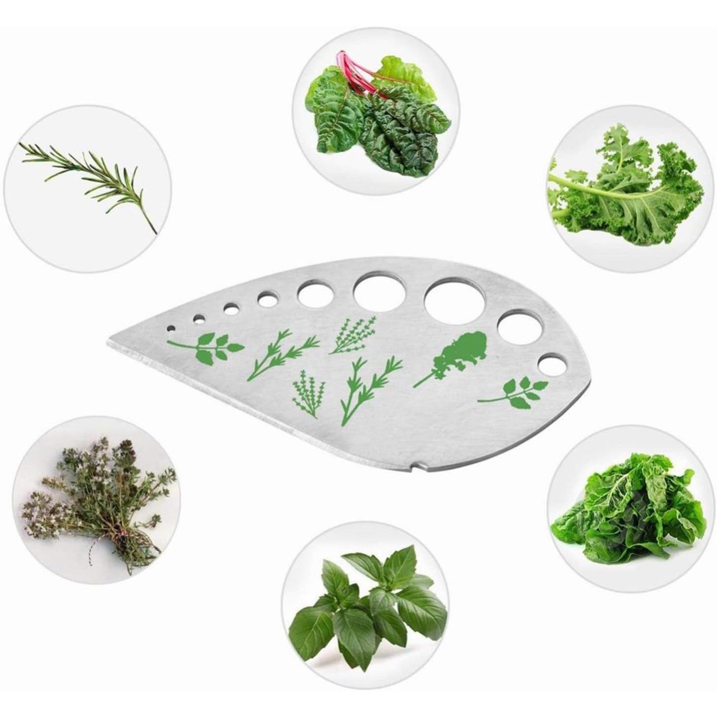 Tocator manual pentru ierburi instrument de curatat frunze, margini ascutie, 9 gauri de diferite dimensiuni, multifunctional, material otel inoxidabil, maner ergonomic, rezistent la rugina, 12.3 x 6.9 cm, argintiu