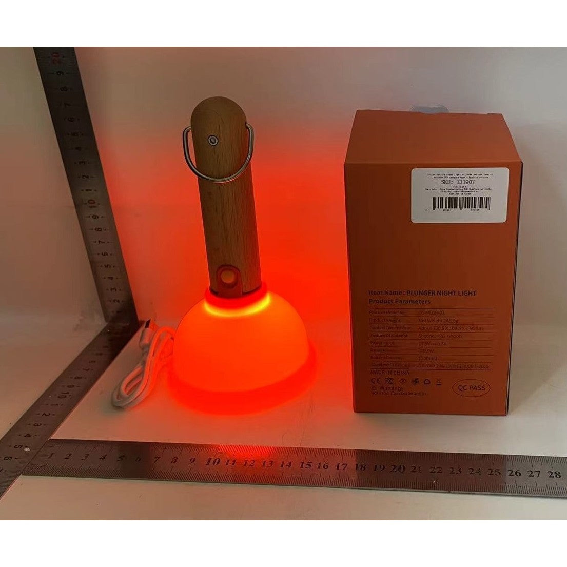 Lampa Nocturna, Model Ventuza de Toaleta, Alimentare USB, din Lemn si Silicon, 16 x 9 cm, Portocaliu