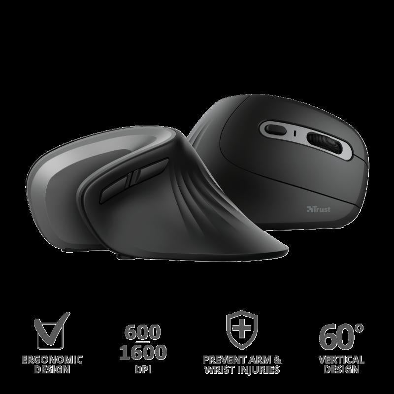 MOUSE TRUST, "Verro Ergonomic", PC sau NB, wireless, 2.4GHz, optic, 1600 dpi, butoane/scroll 6/1, buton selectare viteza, negru, "TR-23507"