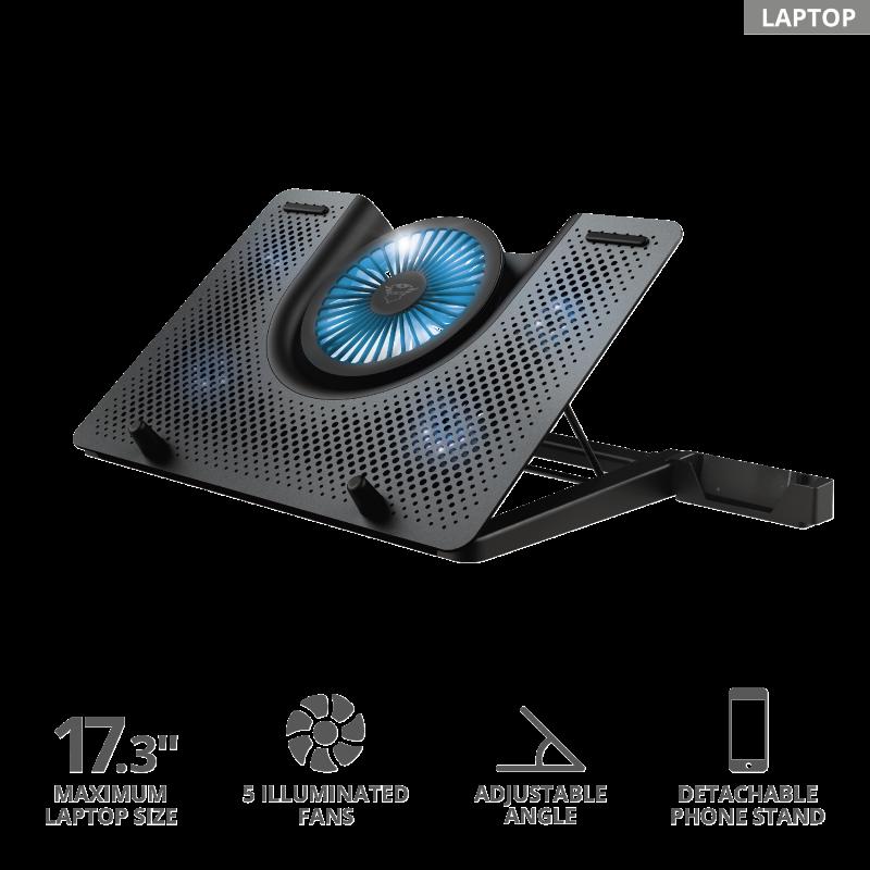 STAND TRUST "GXT 1125 Quno" notebook 17", sita aluminiu, 4 x fan 5cm, 1 x fan 13 cm, LED albastru, negru, "TR-23581"
