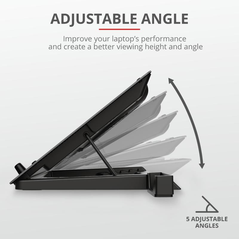 STAND TRUST "GXT 1125 Quno" notebook 17", sita aluminiu, 4 x fan 5cm, 1 x fan 13 cm, LED albastru, negru, "TR-23581"