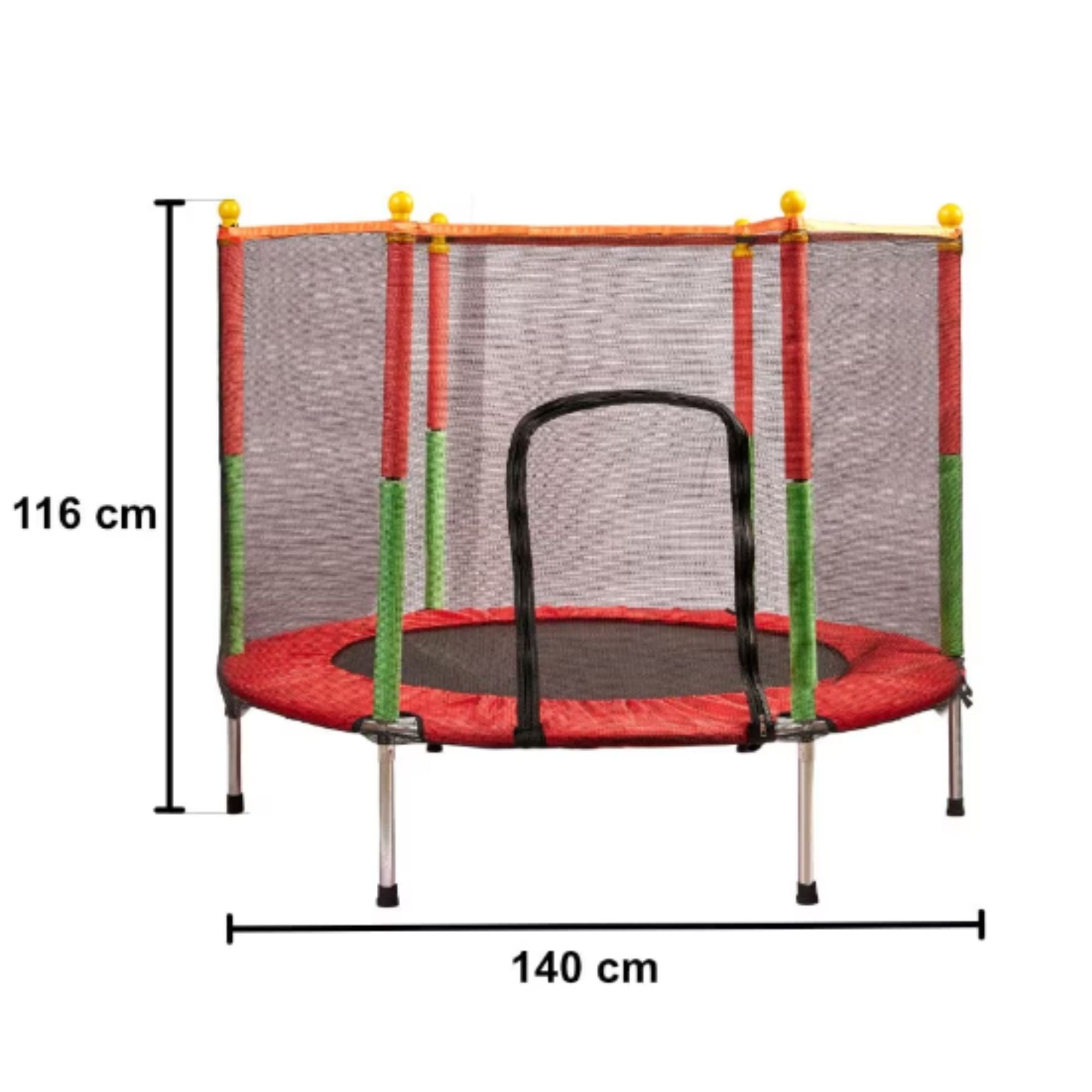 Trambulina pentru Copii, Flippy, Trambulina de Gradina, cu Plasa de Protectie si Fermoar, Interior/Exterior, Sarcina Maxima 150 kg, 140 x 116 cm, Rosu/Verde