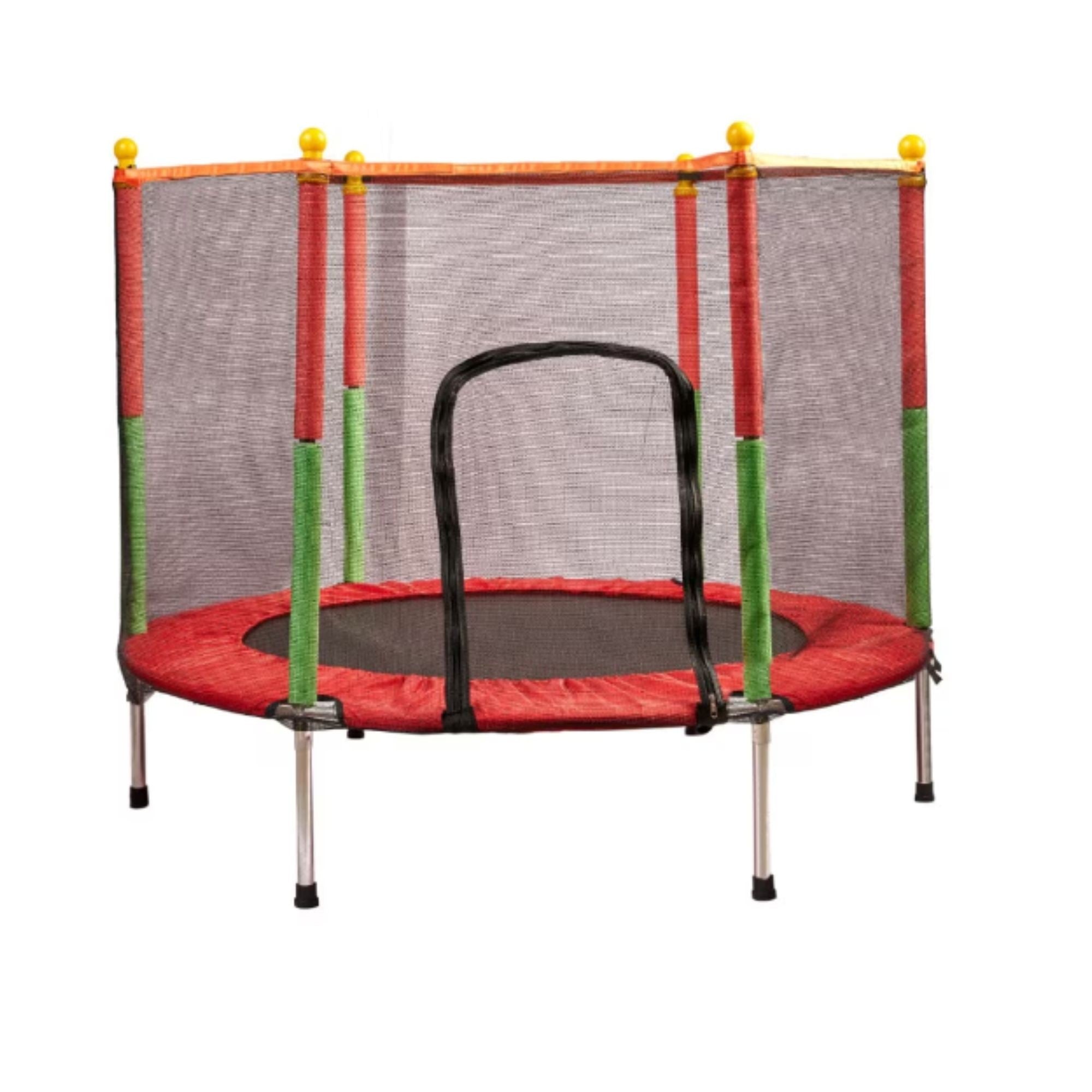 Trambulina pentru Copii, Flippy, Trambulina de Gradina, cu Plasa de Protectie si Fermoar, Interior/Exterior, Sarcina Maxima 150 kg, 140 x 116 cm, Rosu/Verde