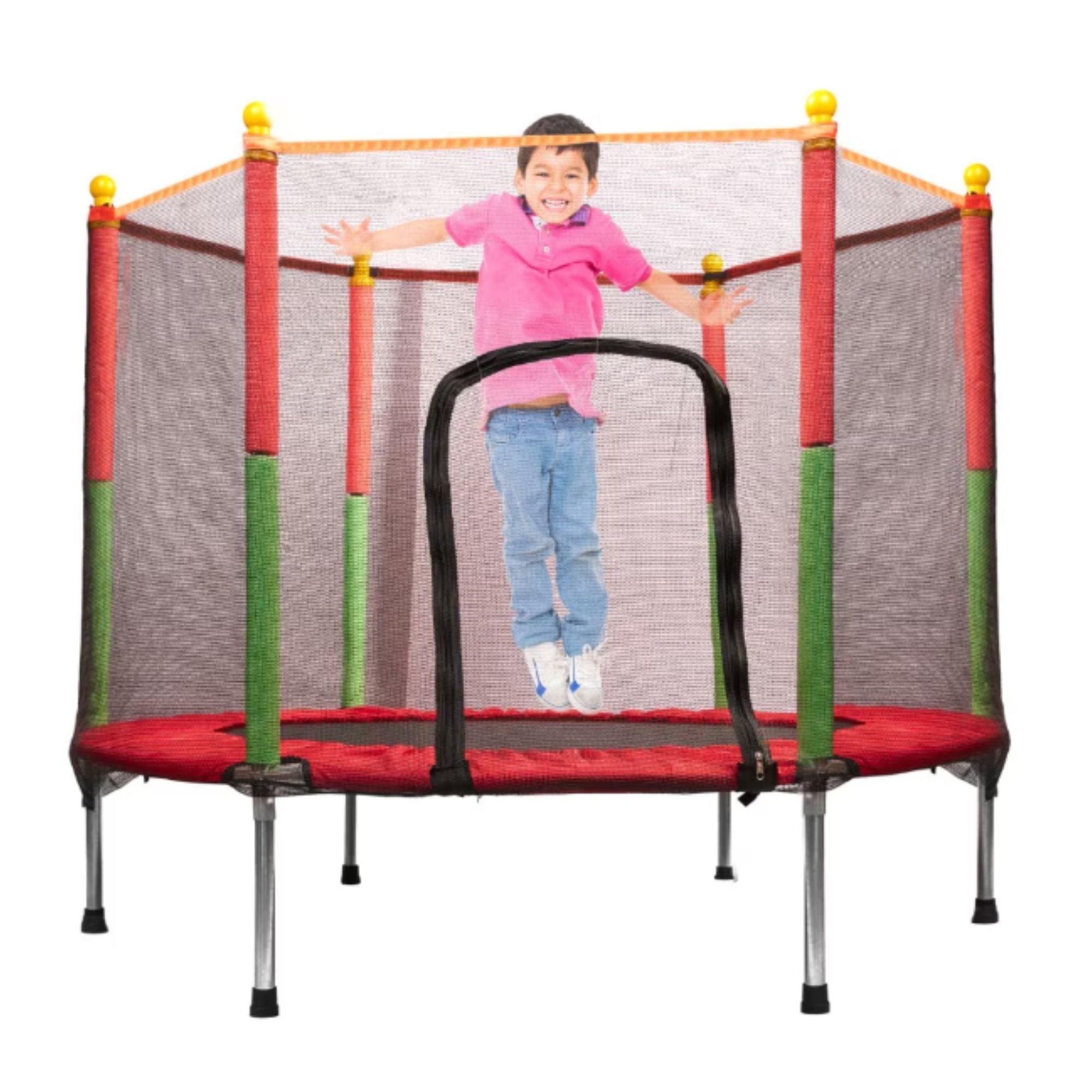Trambulina pentru Copii, Flippy, Trambulina de Gradina, cu Plasa de Protectie si Fermoar, Interior/Exterior, Sarcina Maxima 150 kg, 140 x 116 cm, Rosu/Verde