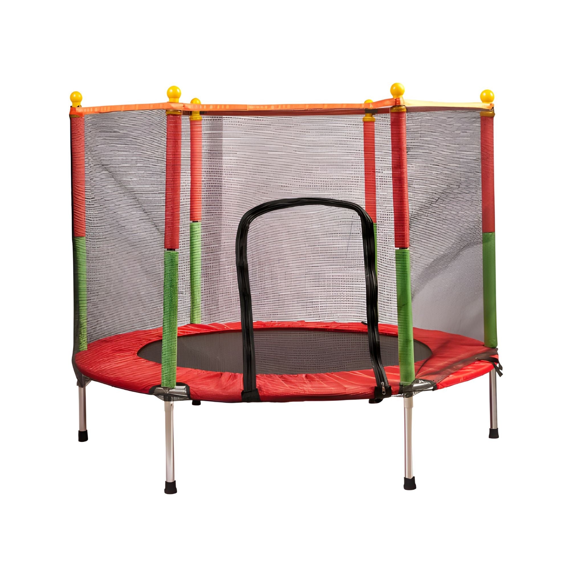 Trambulina pentru Copii, Flippy, Trambulina de Gradina, cu Plasa de Protectie si Fermoar, Interior/Exterior, Sarcina Maxima 150 kg, 140 x 116 cm, Rosu/Verde