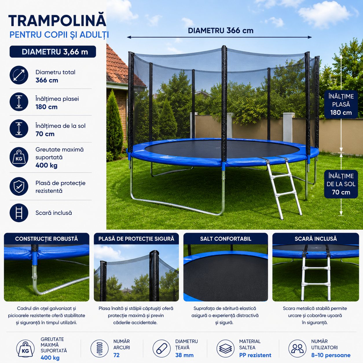 Trambulina de Exterior pentru Copii si Adulti, Diametru 366 cm, Plasa de Siguranta, Scara Inclusa, Greutatea Maxima Suportata 400 kg, Albastru si Negru