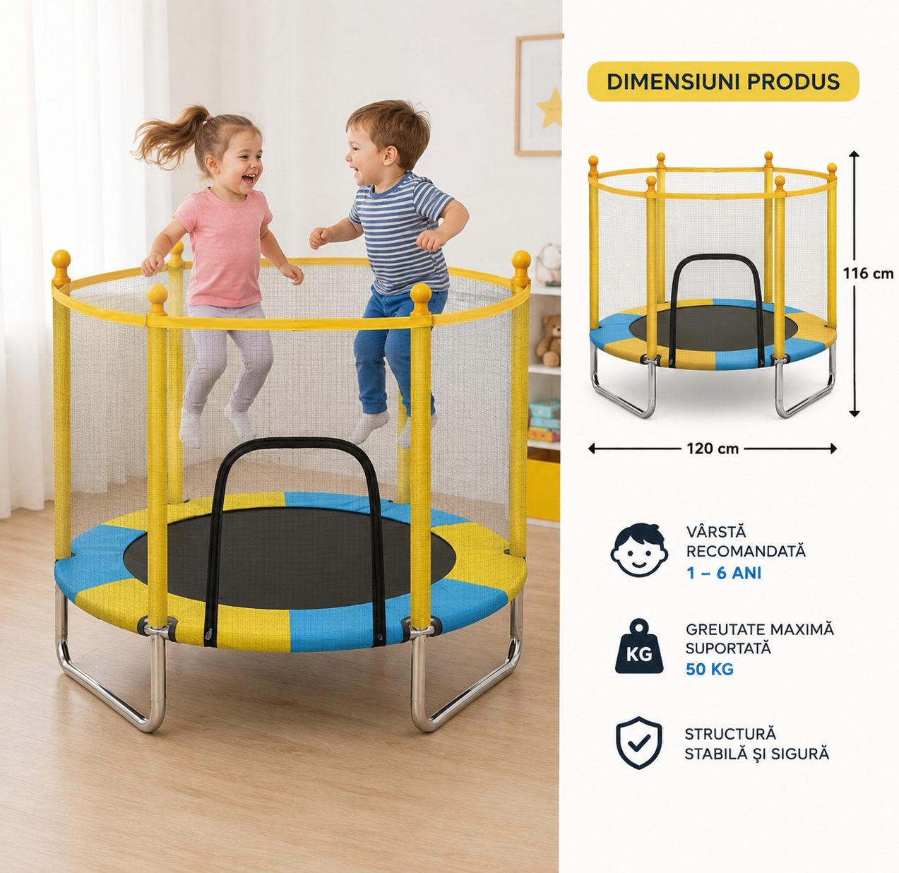 Trambulina De Gradina, Pentru Distractie Si Dezvoltare Armonioasa, Dimensions:120*116 Greutate 7.4㎏, Culoare Galben
