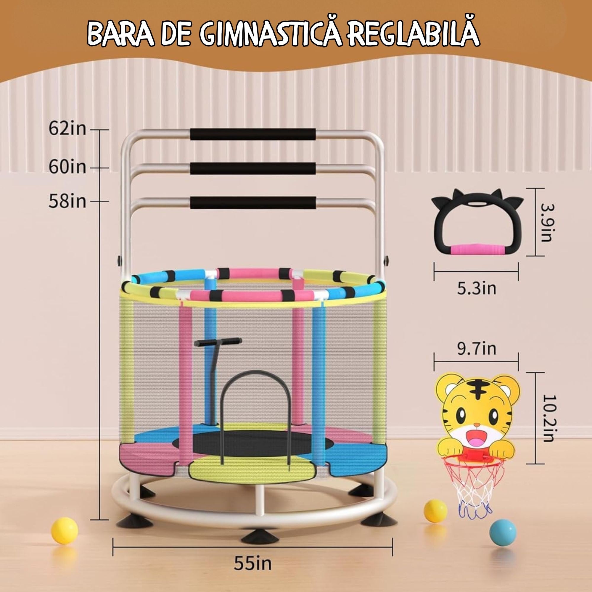 Trambulina pentru Copii, pentru Gradina si Interior, cu Plasa de Siguranta si Fermoar, Sustinere din Otel Galvanizat, Bara de Gimnastica Reglabila, Sac de Box, Capacitate 200 kg, 140 cm, 3+ ani, Multicolor