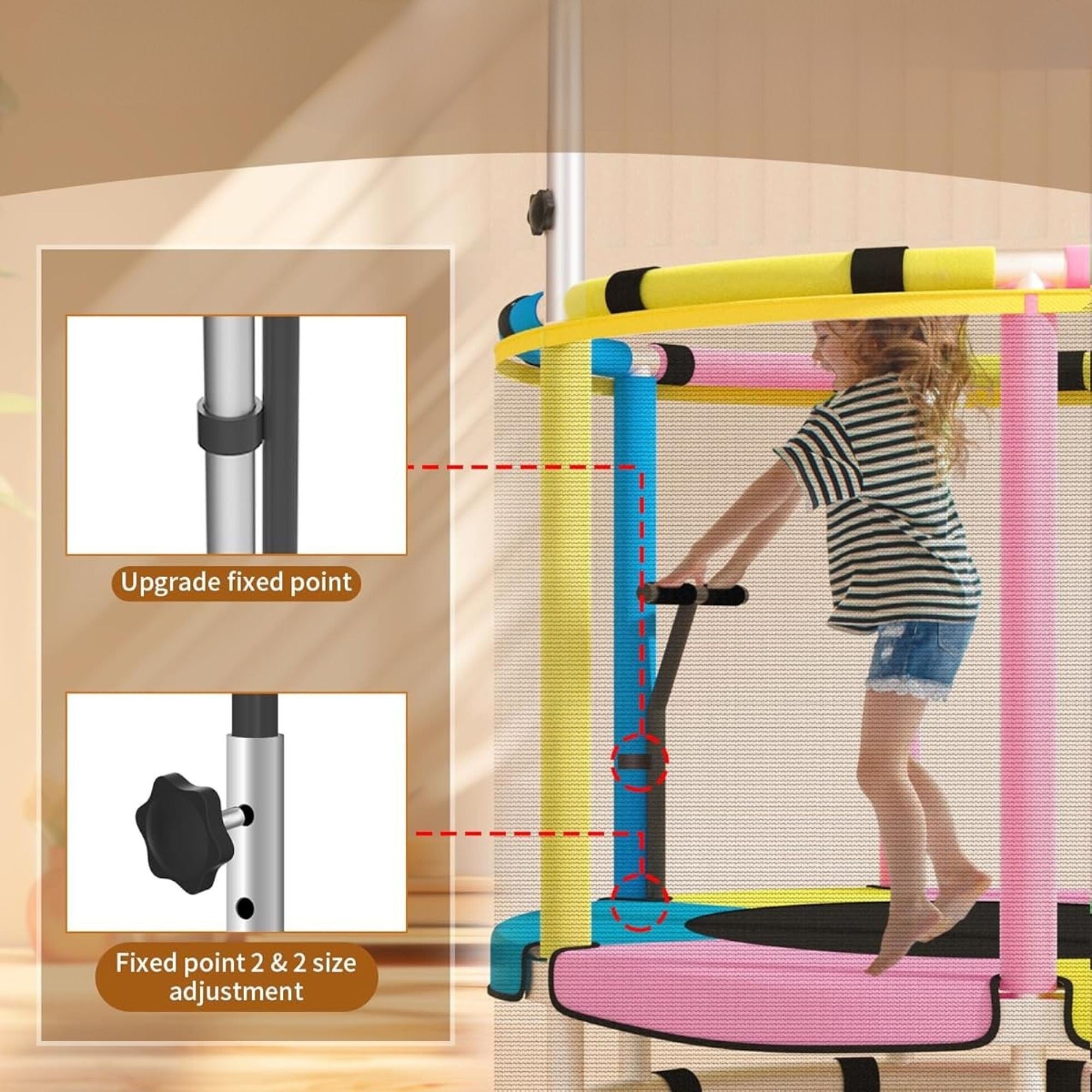 Trambulina pentru Copii, pentru Gradina si Interior, cu Plasa de Siguranta si Fermoar, Sustinere din Otel Galvanizat, Bara de Gimnastica Reglabila, Sac de Box, Capacitate 200 kg, 140 cm, 3+ ani, Multicolor