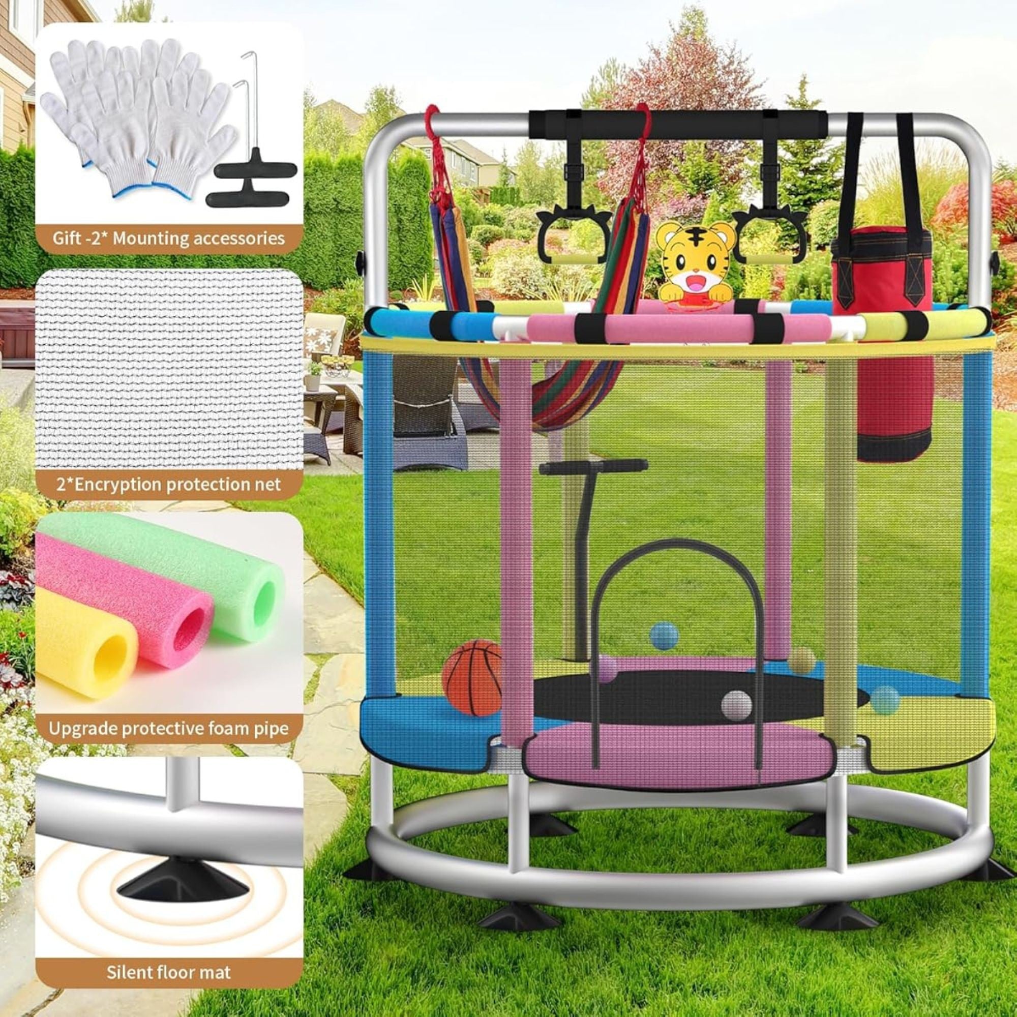 Trambulina pentru Copii, pentru Gradina si Interior, cu Plasa de Siguranta si Fermoar, Sustinere din Otel Galvanizat, Bara de Gimnastica Reglabila, Sac de Box, Capacitate 200 kg, 140 cm, 3+ ani, Multicolor