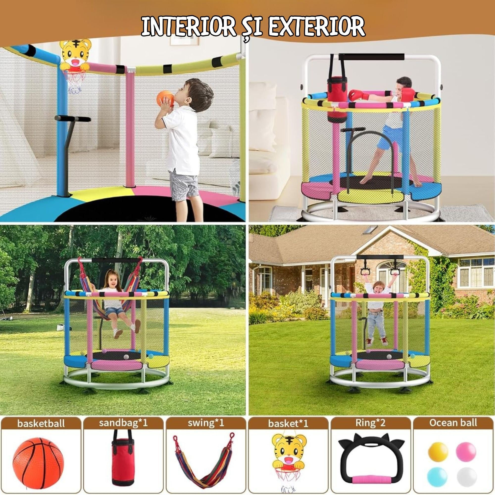 Trambulina pentru Copii, pentru Gradina si Interior, cu Plasa de Siguranta si Fermoar, Sustinere din Otel Galvanizat, Bara de Gimnastica Reglabila, Sac de Box, Capacitate 200 kg, 140 cm, 3+ ani, Multicolor