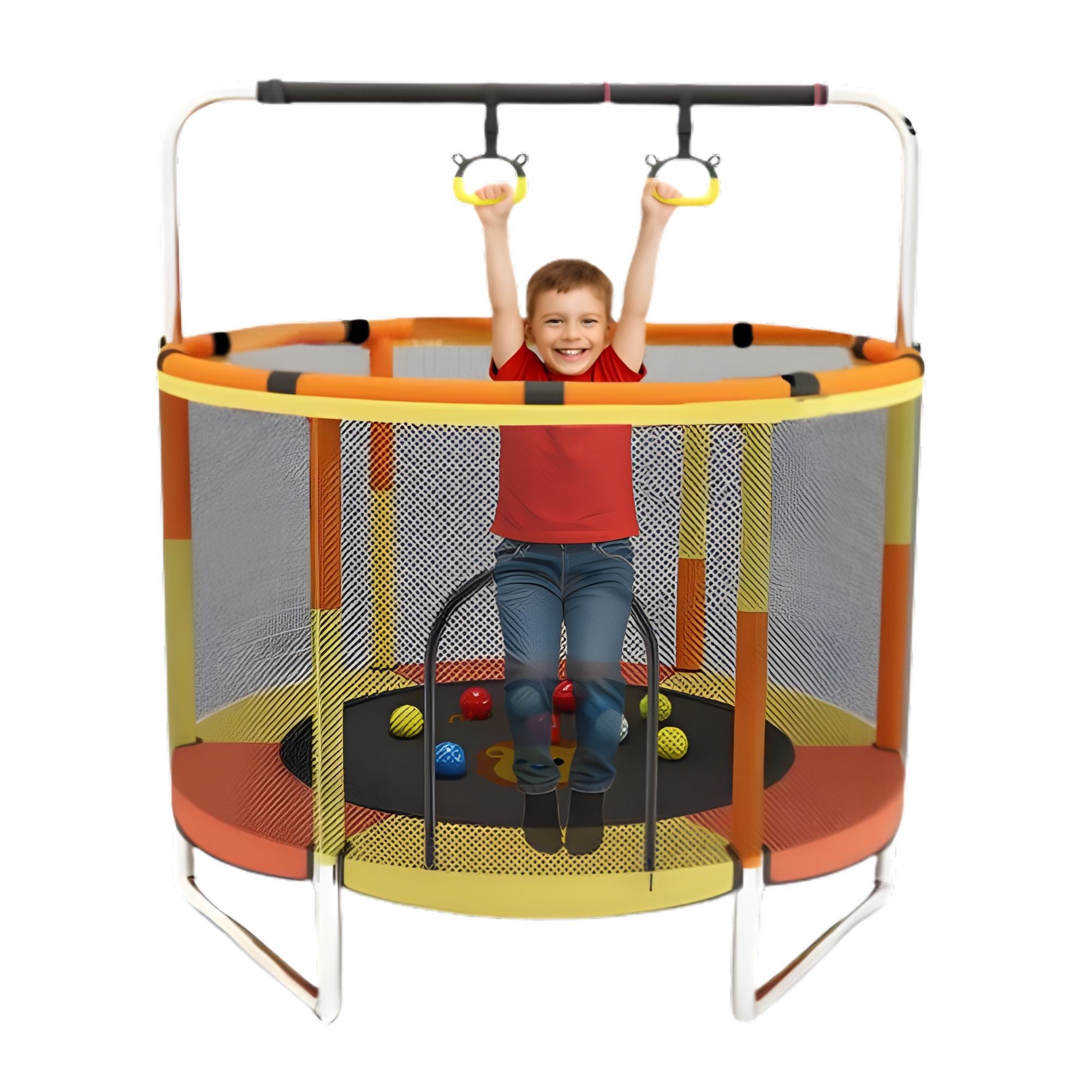 Trambulina pentru Copii, Flippy, pentru Gradina si Interior, cu Plasa de Siguranta si Fermoar, Sustinere din Otel Galvanizat, Bara de Gimnastica Reglabila, Sac de Box, Capacitate 200 kg, 140 cm, 3+ ani, Galben/Portocaliu