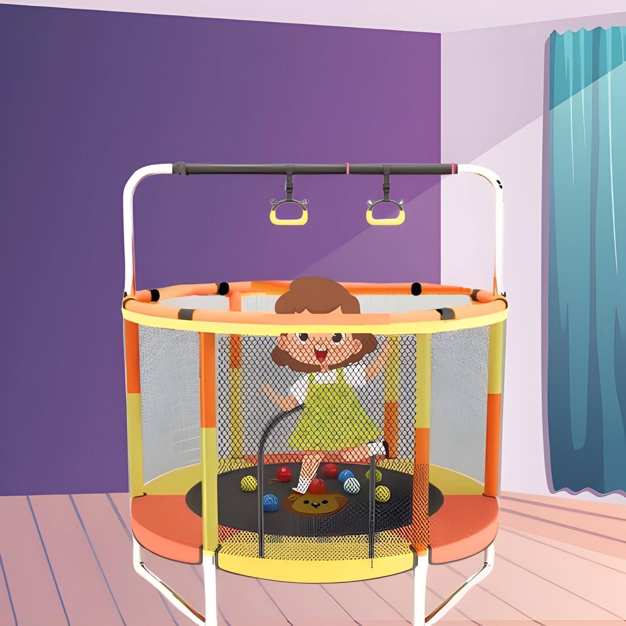 Trambulina pentru Copii, Flippy, pentru Gradina si Interior, cu Plasa de Siguranta si Fermoar, Sustinere din Otel Galvanizat, Bara de Gimnastica Reglabila, Sac de Box, Capacitate 200 kg, 140 cm, 3+ ani, Galben/Portocaliu