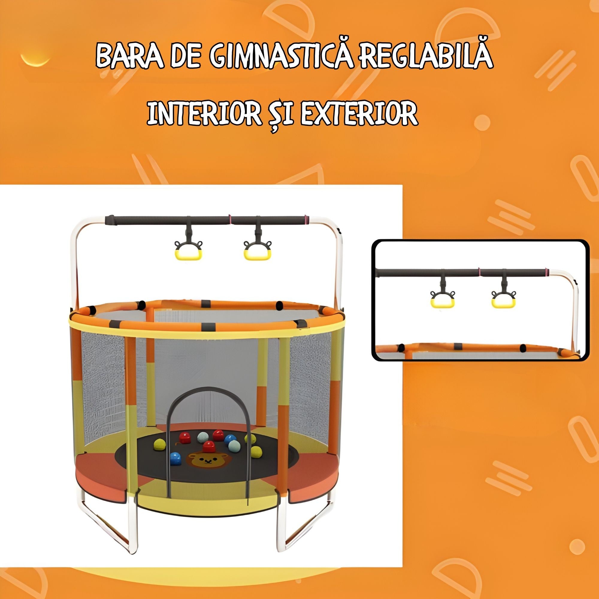 Trambulina pentru Copii, Flippy, pentru Gradina si Interior, cu Plasa de Siguranta si Fermoar, Sustinere din Otel Galvanizat, Bara de Gimnastica Reglabila, Sac de Box, Capacitate 200 kg, 140 cm, 3+ ani, Galben/Portocaliu