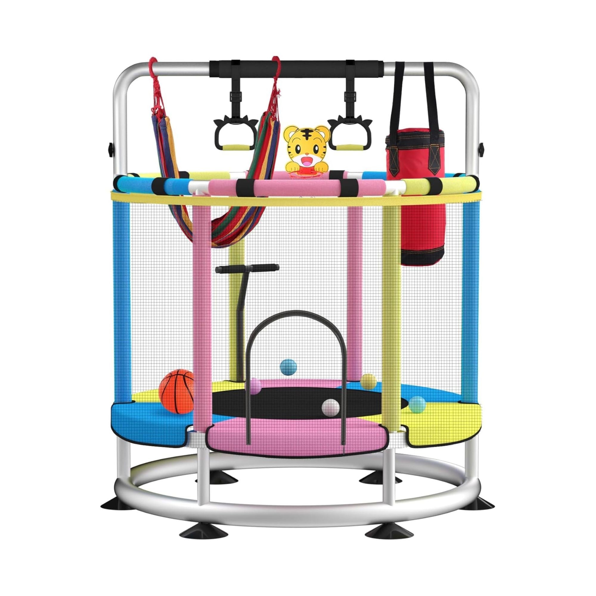 Trambulina pentru Copii, pentru Gradina si Interior, cu Plasa de Siguranta si Fermoar, Sustinere din Otel Galvanizat, Bara de Gimnastica Reglabila, Sac de Box, Capacitate 200 kg, 140 cm, 3+ ani, Multicolor
