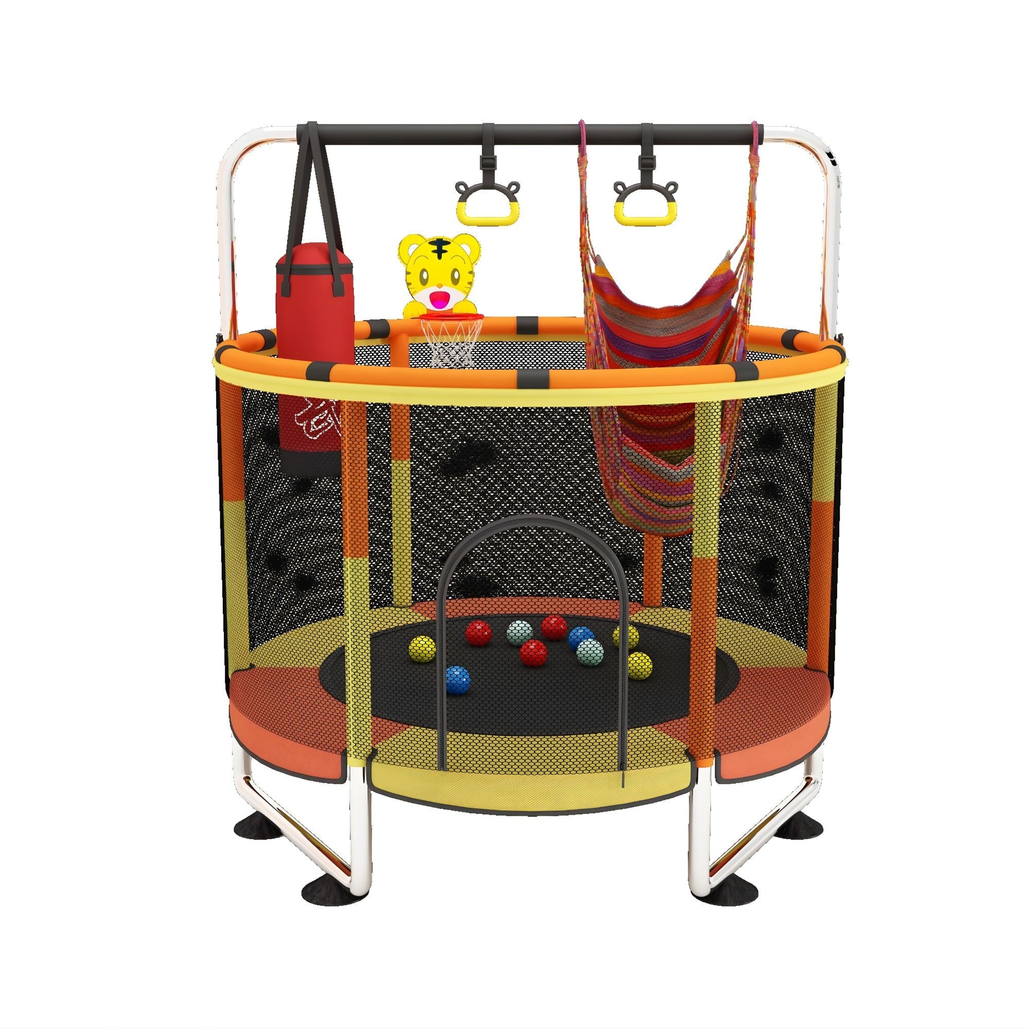 Trambulina pentru Copii, Flippy, pentru Gradina si Interior, cu Plasa de Siguranta si Fermoar, Sustinere din Otel Galvanizat, Bara de Gimnastica Reglabila, Sac de Box, Capacitate 200 kg, 140 cm, 3+ ani, Galben/Portocaliu