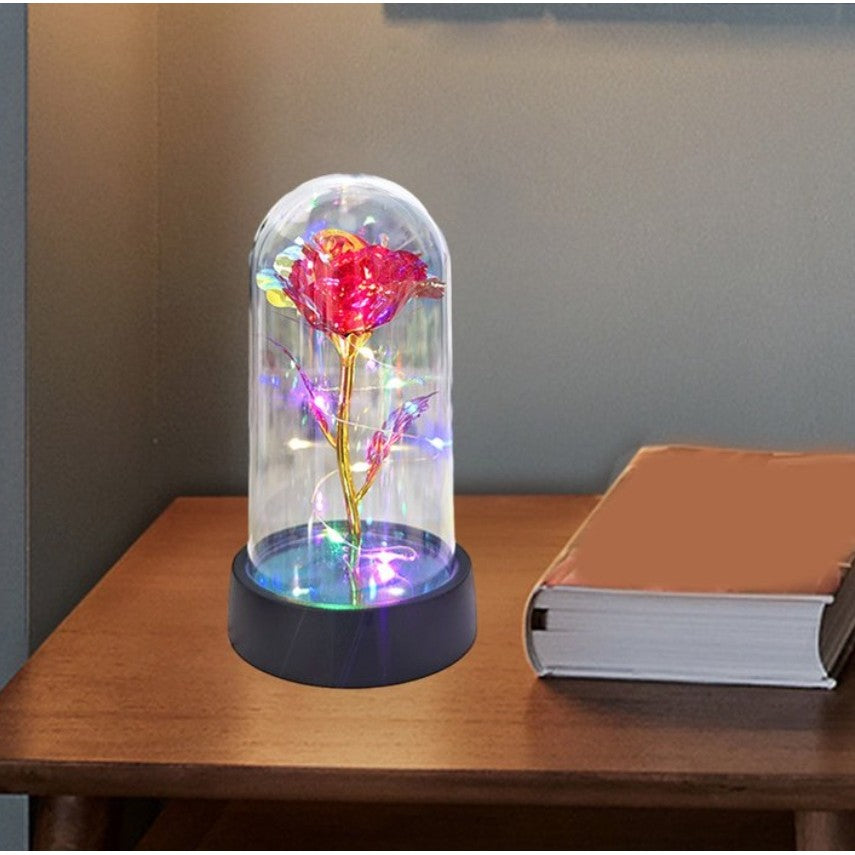 Trandafir in Cupola, cu Lumina Led Multicolora, Baterii, 8.5 x 15 cm, Rosu