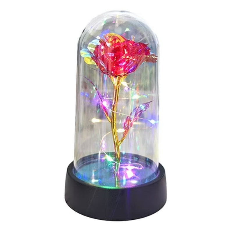 Trandafir in Cupola, cu Lumina Led Multicolora, Baterii, 8.5 x 15 cm, Rosu