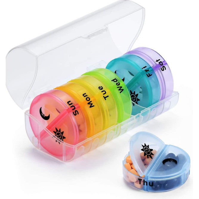 Cutie Depozitare Medicamente, 7 Zile, 14 Compartimente, Cutie Suport, Recipiente Detasabile, Portabila, Multicolor, 17.5x11x9.5 cm