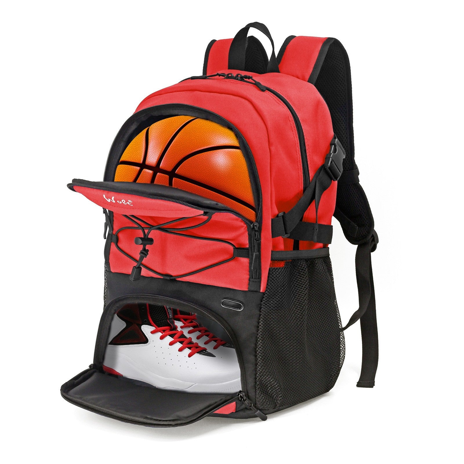 Rucsac de Baschet Multifunctional, Flippy, pentru Calatorie, Sport, Scoala, cu Compartiment pentru Pantofi si Minge, 32 Litri, 45x32x22 cm Rosu-Negru