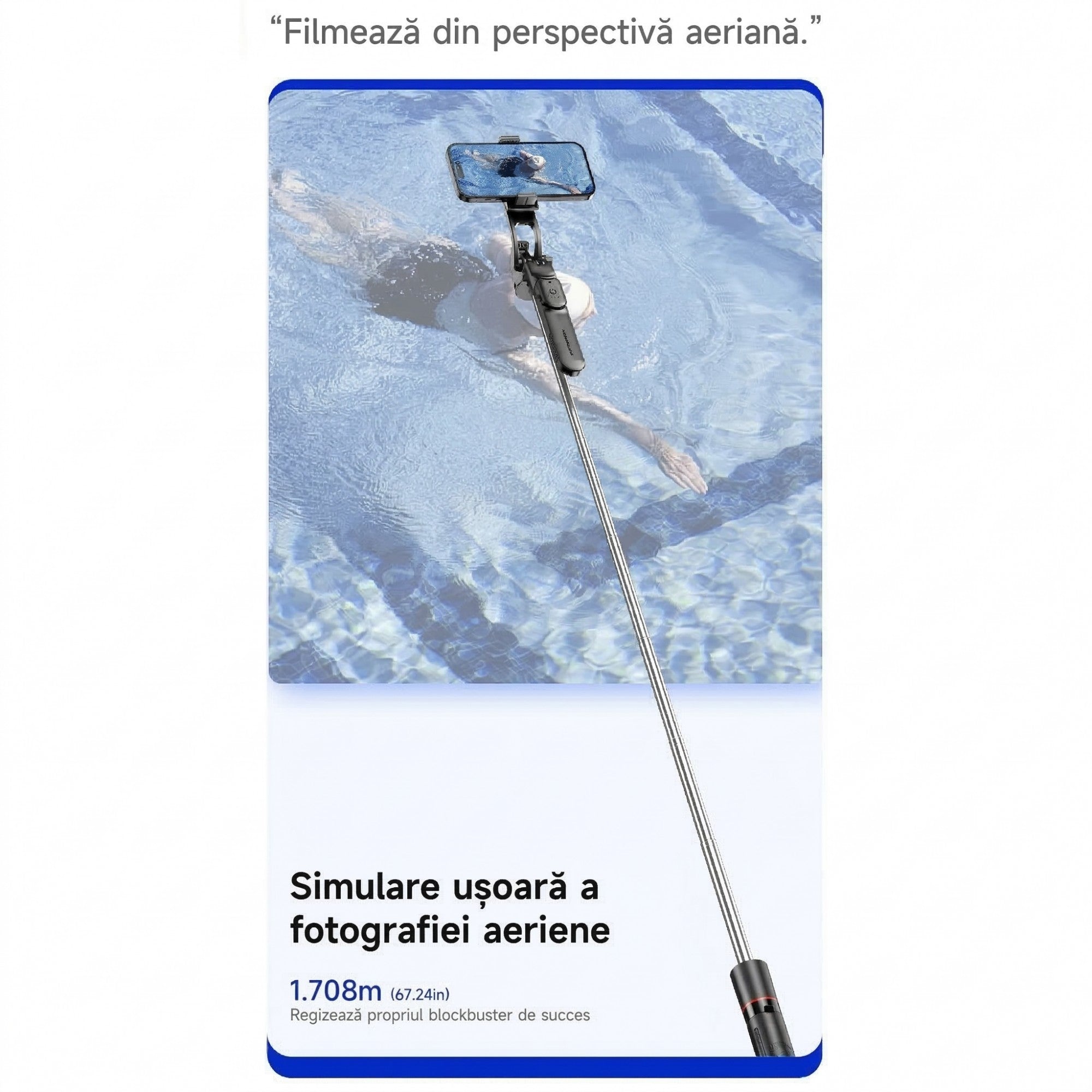 Selfie Stick Pentru Telefon, Flippy, Trepied Aluminiu Extensibil, Telecomanda Bluetooth Reincarcabila, Pentru Calatorii, Vlog Video si Fotografie, 30.6 x 7.6 x 3.5 cm, Negru