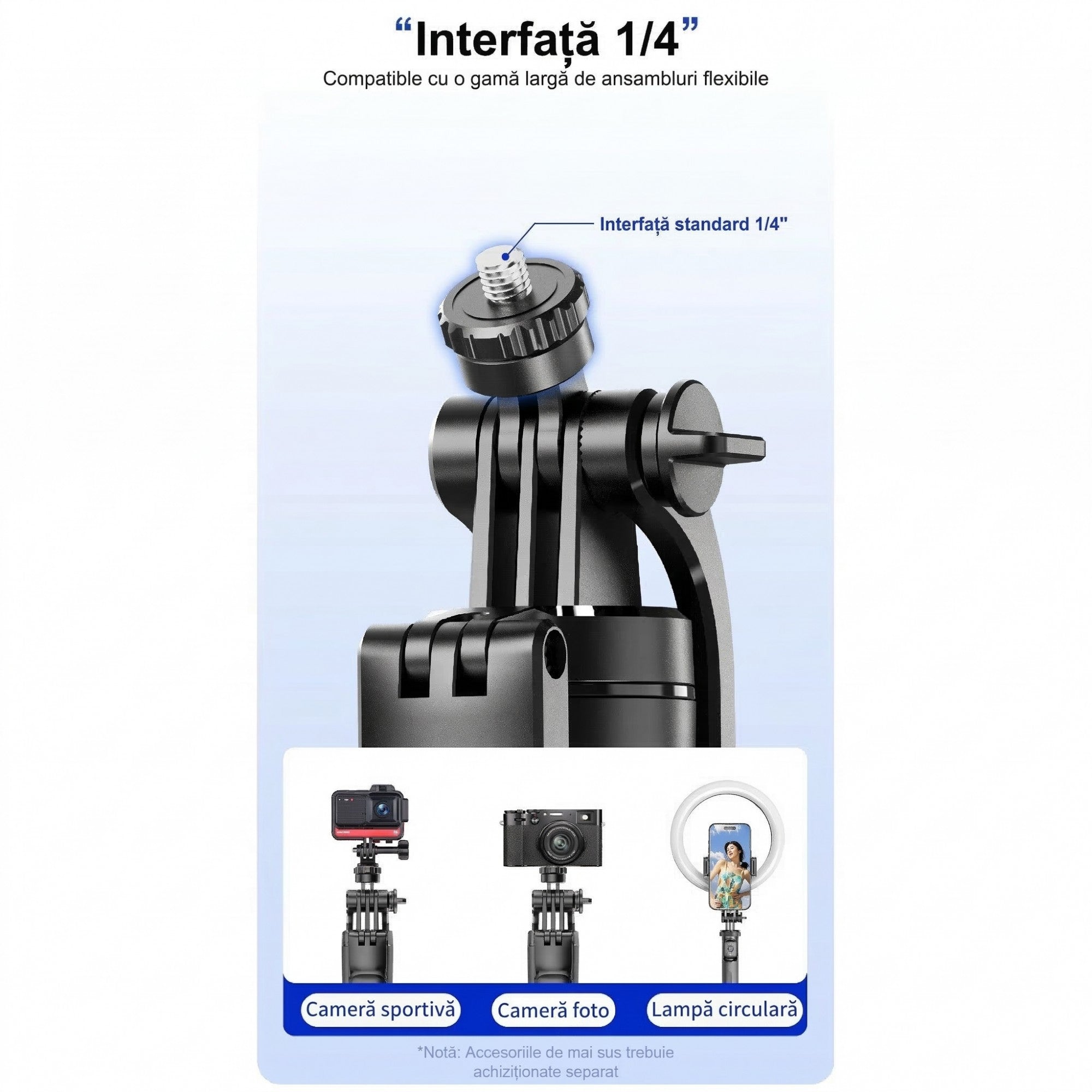 Selfie Stick Pentru Telefon, Flippy, Trepied Aluminiu Extensibil, Telecomanda Bluetooth Reincarcabila, Pentru Calatorii, Vlog Video si Fotografie, 30.6 x 7.6 x 3.5 cm, Negru