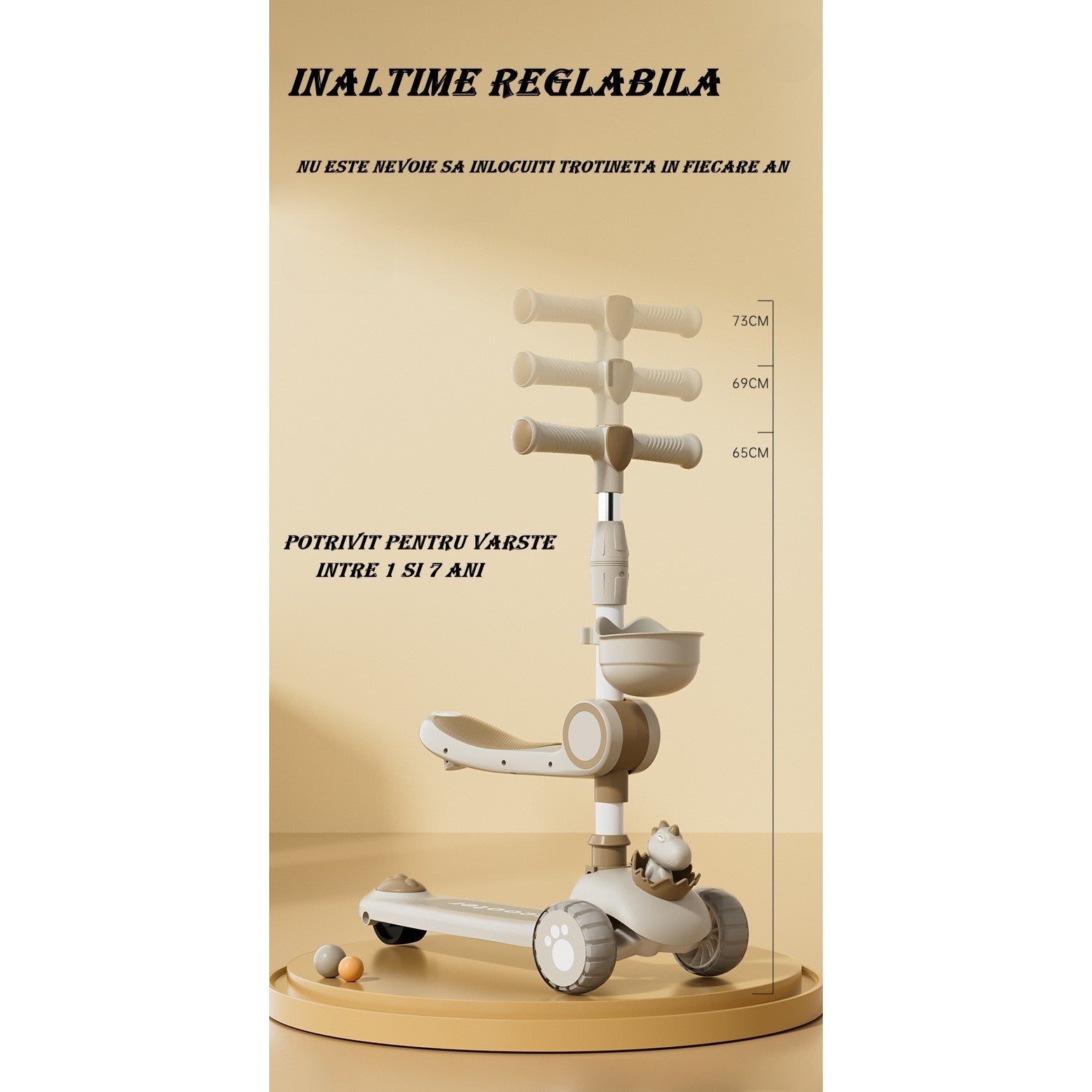 Trotineta Multifunctionala 2 in 1, pentru Copii, 1-7 Ani, cu Lumini, Reglabil 360, Pliere Usoara, Reglarea Inaltimii, Model Dinozaur, 67-76 x 24 x 55 cm, Alb/Bej