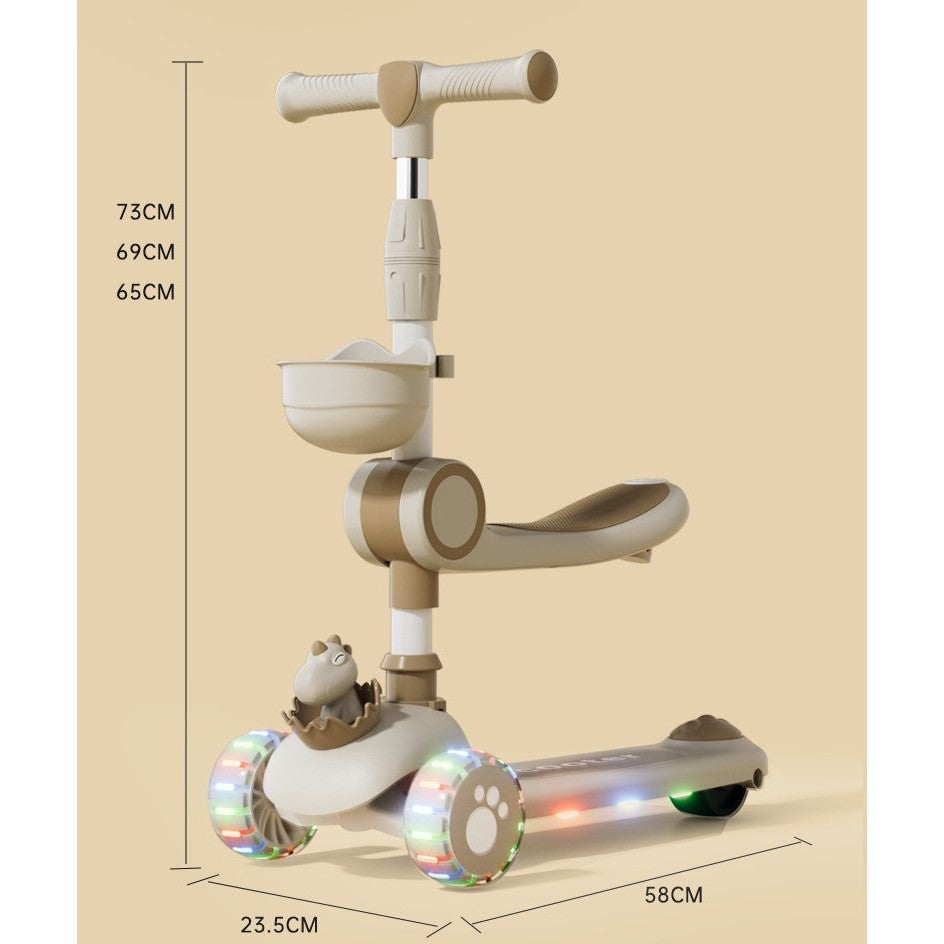 Trotineta Multifunctionala 2 in 1, pentru Copii, 1-7 Ani, cu Lumini, Reglabil 360, Pliere Usoara, Reglarea Inaltimii, Model Dinozaur, 67-76 x 24 x 55 cm, Alb/Bej